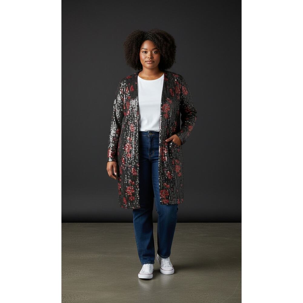 Torrid Black Floral Sequin Duster Jacket Kimono 2XL Date Night Glam - Picture 2 of 15